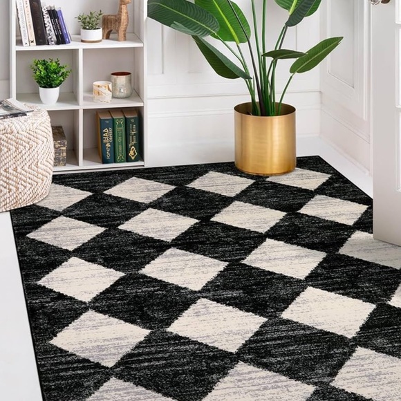 ๐ MC Style Area Rug Black & Ivory Check Checker Plaid 5โ x 7โ MACHINE WASHABLE - Picture 8 of 9